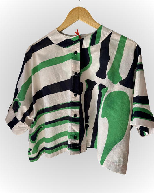 IRRITA Cropped Cotton Tunisia Shirt-  Bones Calendula Print by Rita Comparato