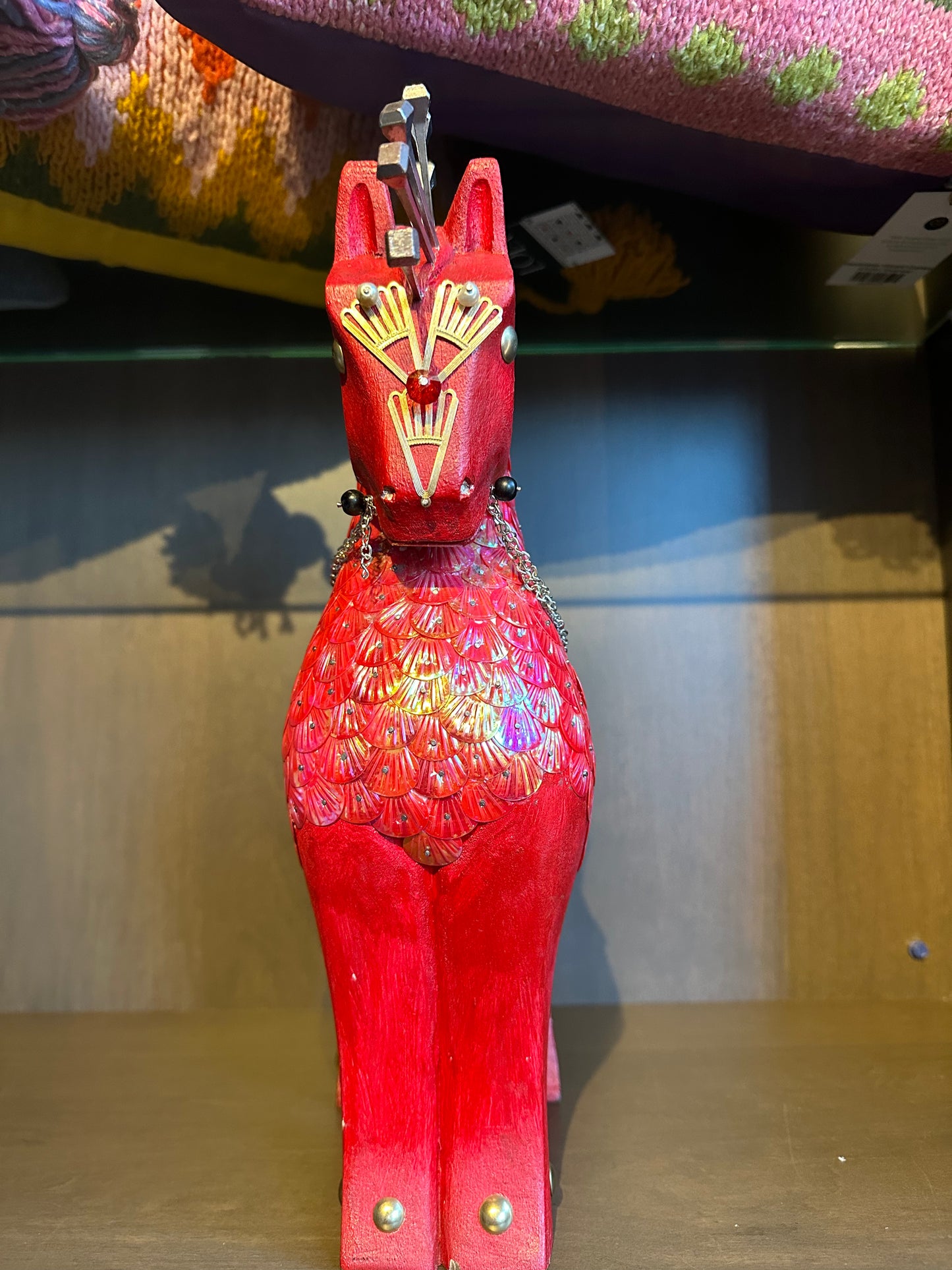 CARVED IN WOOD & HAND DECORATED LARGE RED HORSE