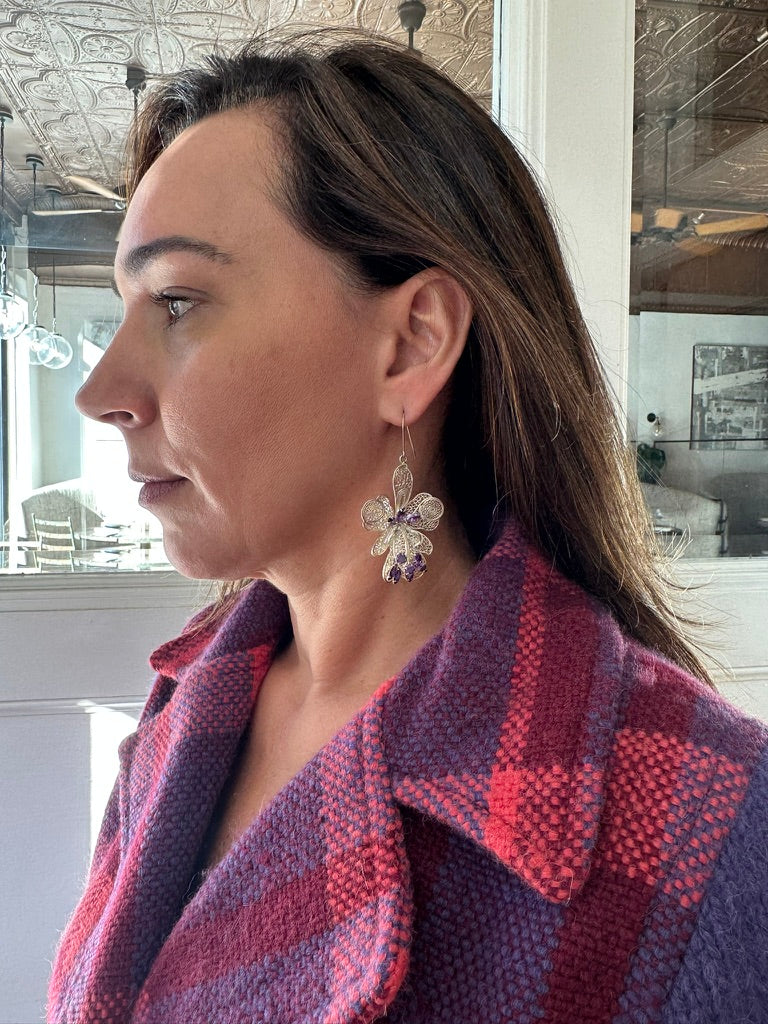 Orchid & Amethyst Stone - 975 Silver, Filigree earrings
