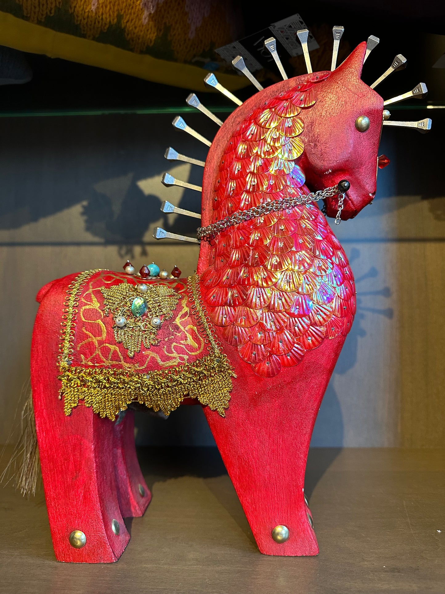CARVED IN WOOD & HAND DECORATED LARGE RED HORSE