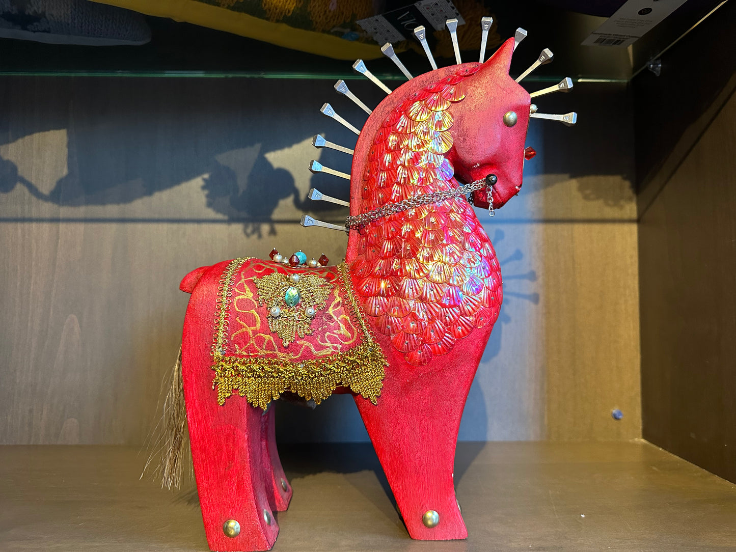 CARVED IN WOOD & HAND DECORATED LARGE RED HORSE