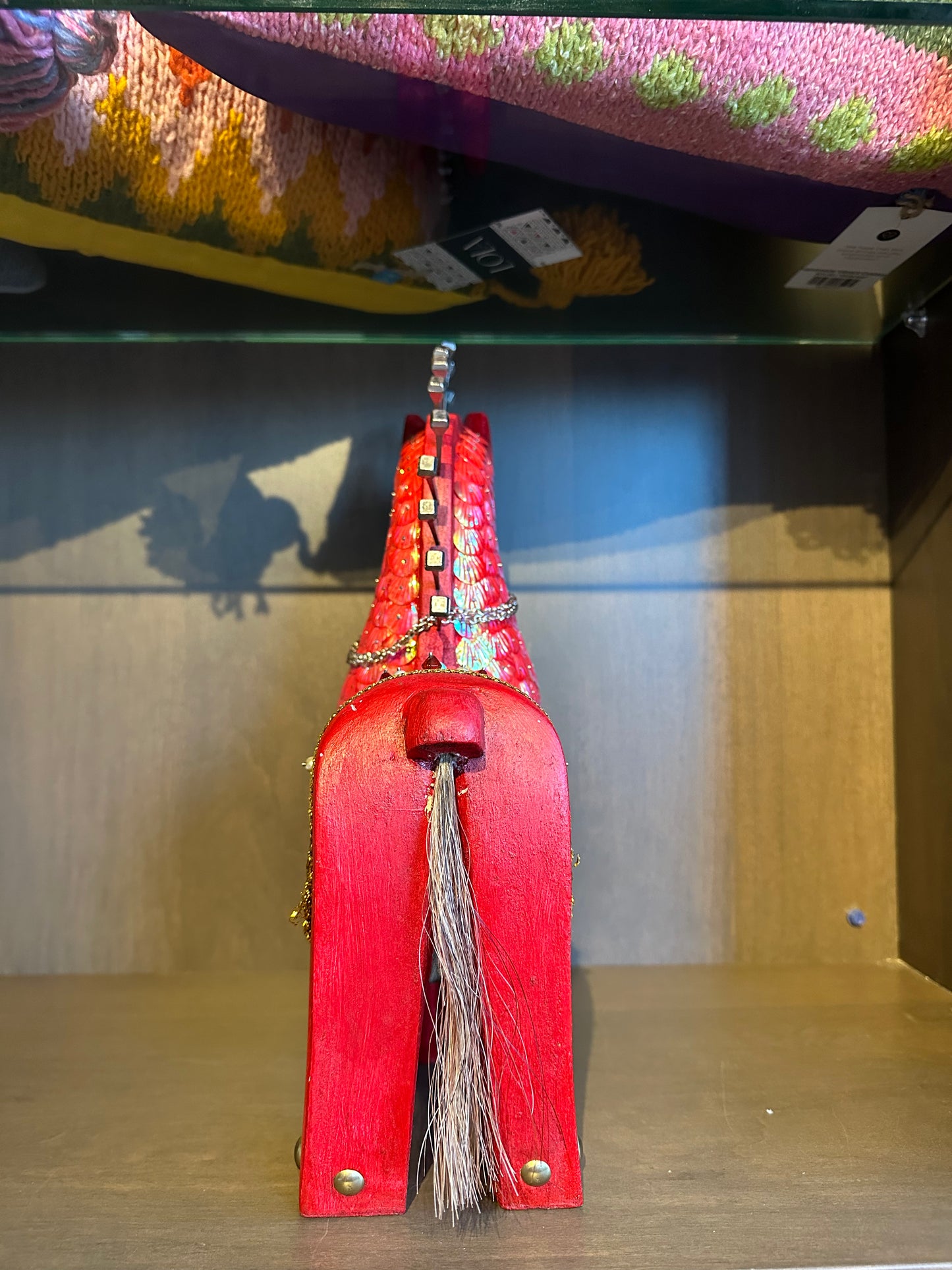 CARVED IN WOOD & HAND DECORATED LARGE RED HORSE