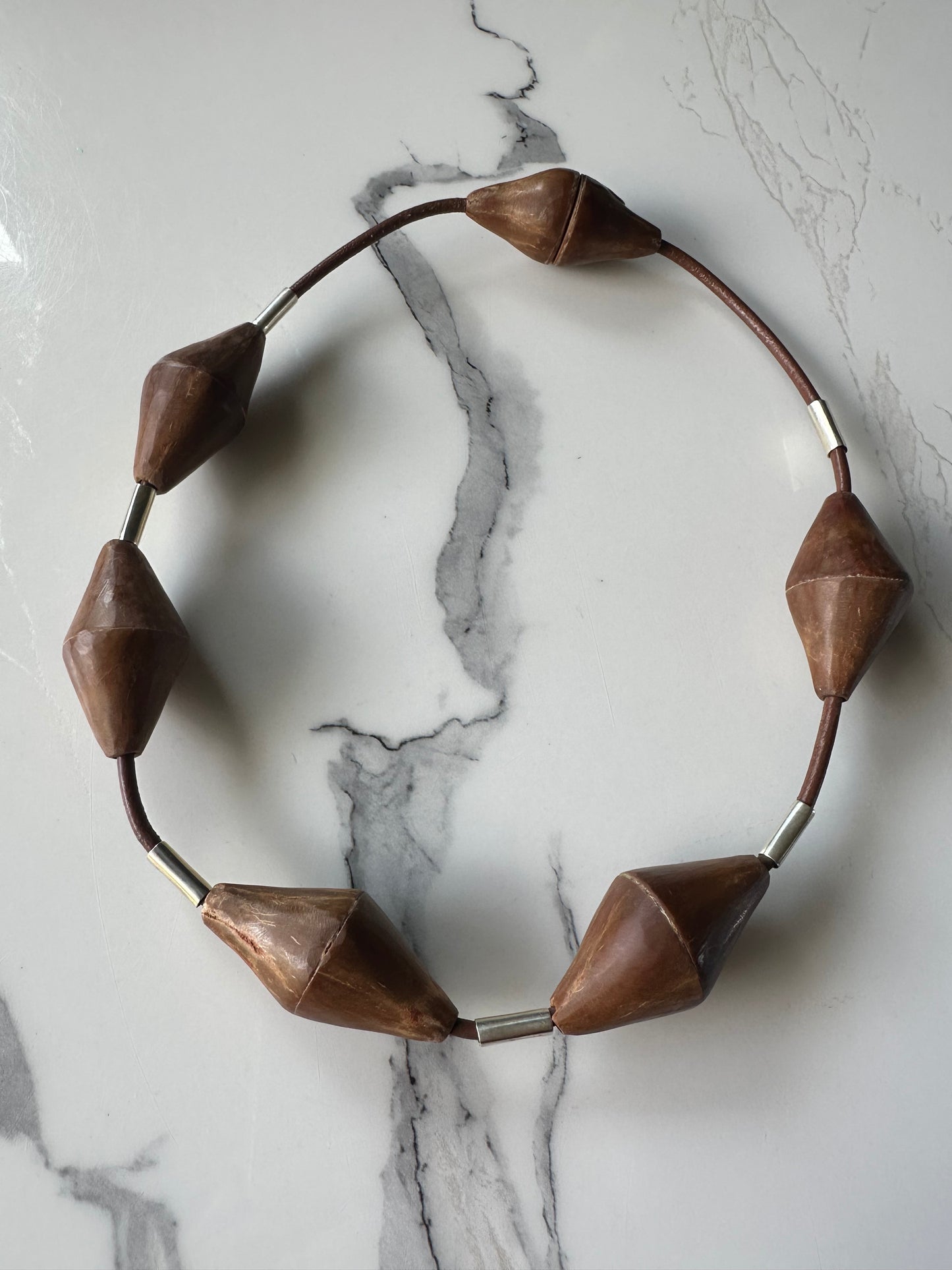 Rustic Coconut "Pião" Necklace - Leather Cord & Silver Accents