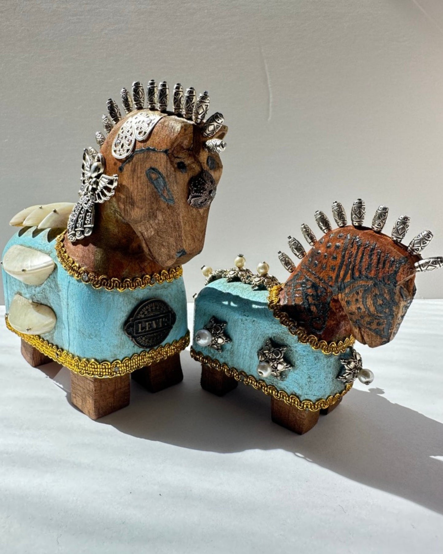 CARVED IN WOOD & HAND DECORATED SET OF HORSES, Caballitos