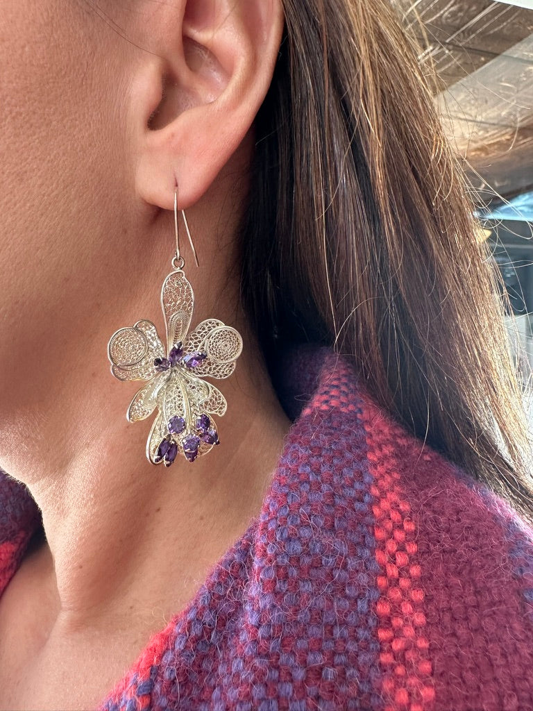 Orchid & Amethyst Stone - 975 Silver, Filigree earrings