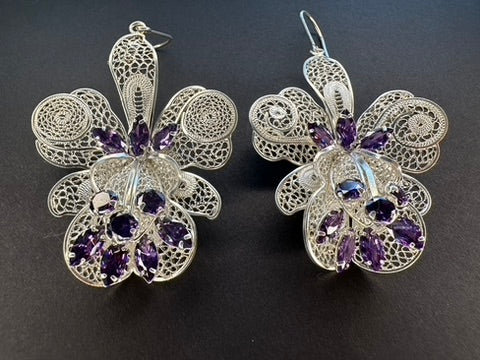 Orchid & Amethyst Stone - 975 Silver, Filigree earrings