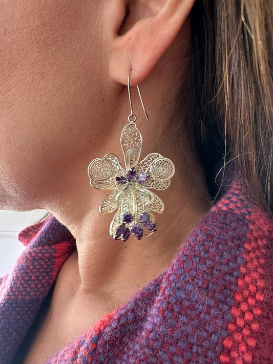 Orchid & Amethyst Stone - 975 Silver, Filigree earrings