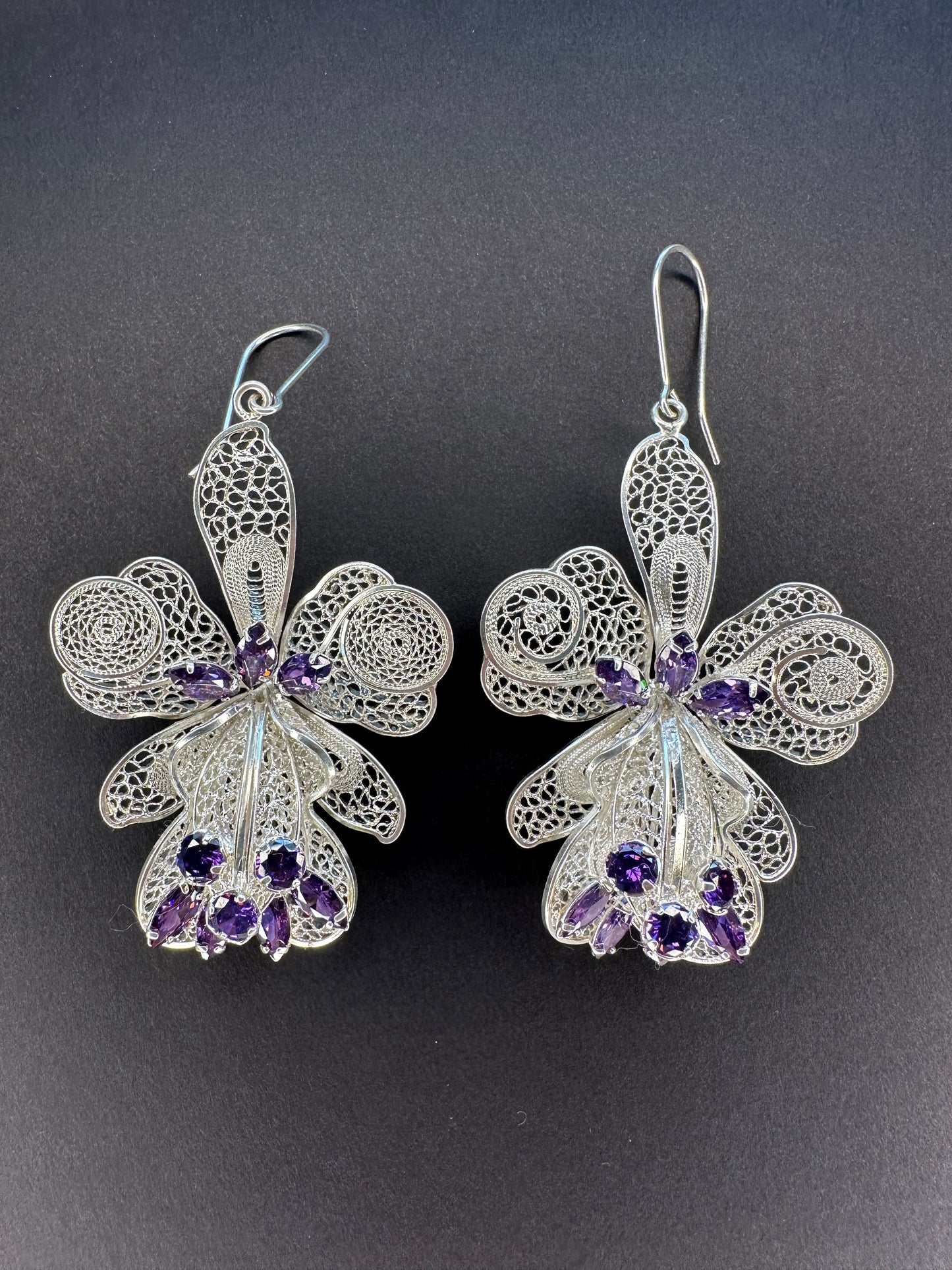 Orchid & Amethyst Stone - 975 Silver, Filigree earrings