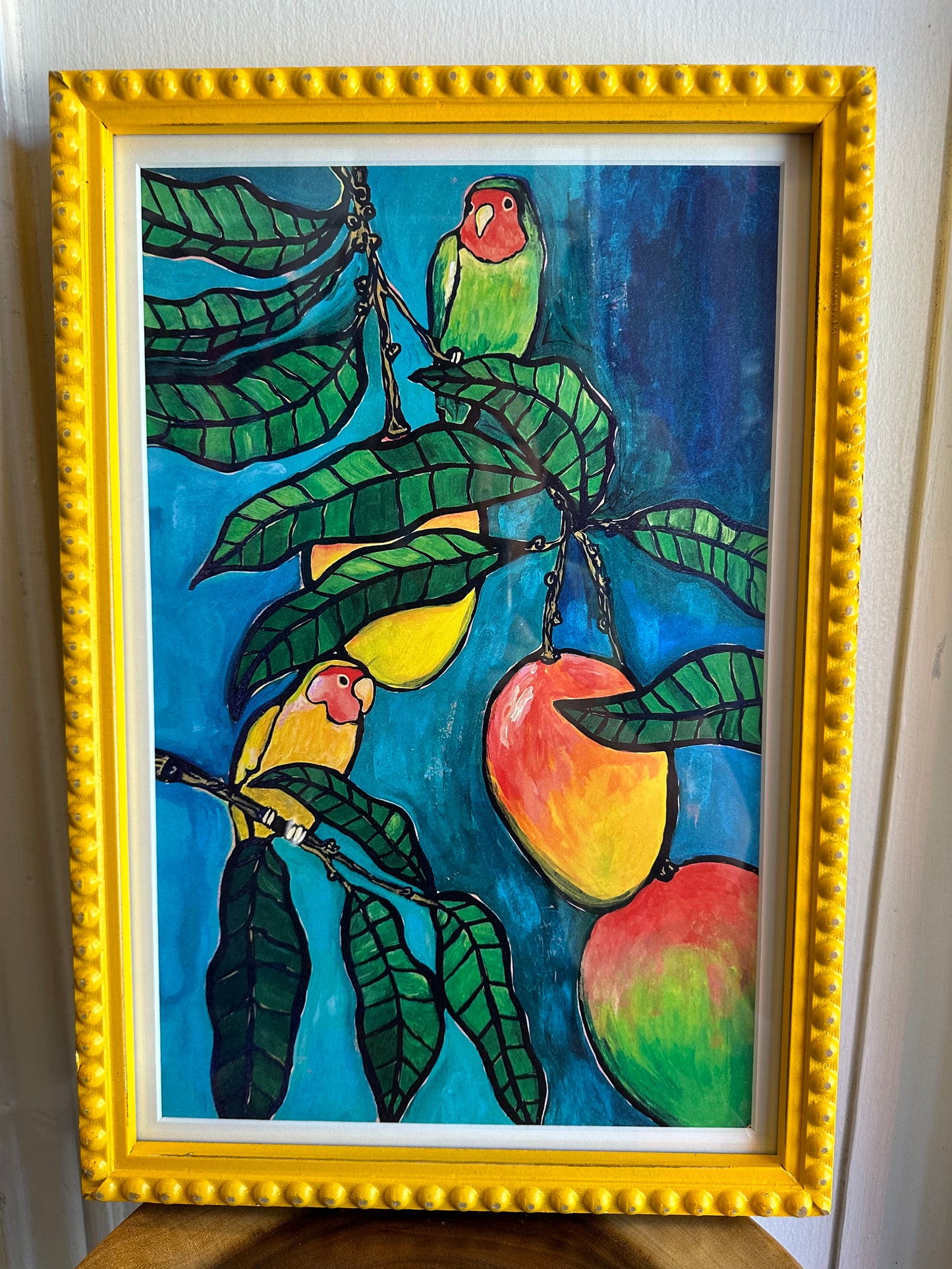 Lovebirds Love mangoes, Print in Vintage Yellow Frame, 13.5x19.4in (w/frame)