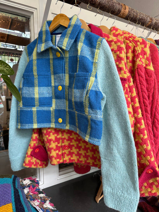 #10 Corto - Cuadros / Opalo Neon - Baby Alpaca Jacket Made in a Loom with Knitted Sleeves